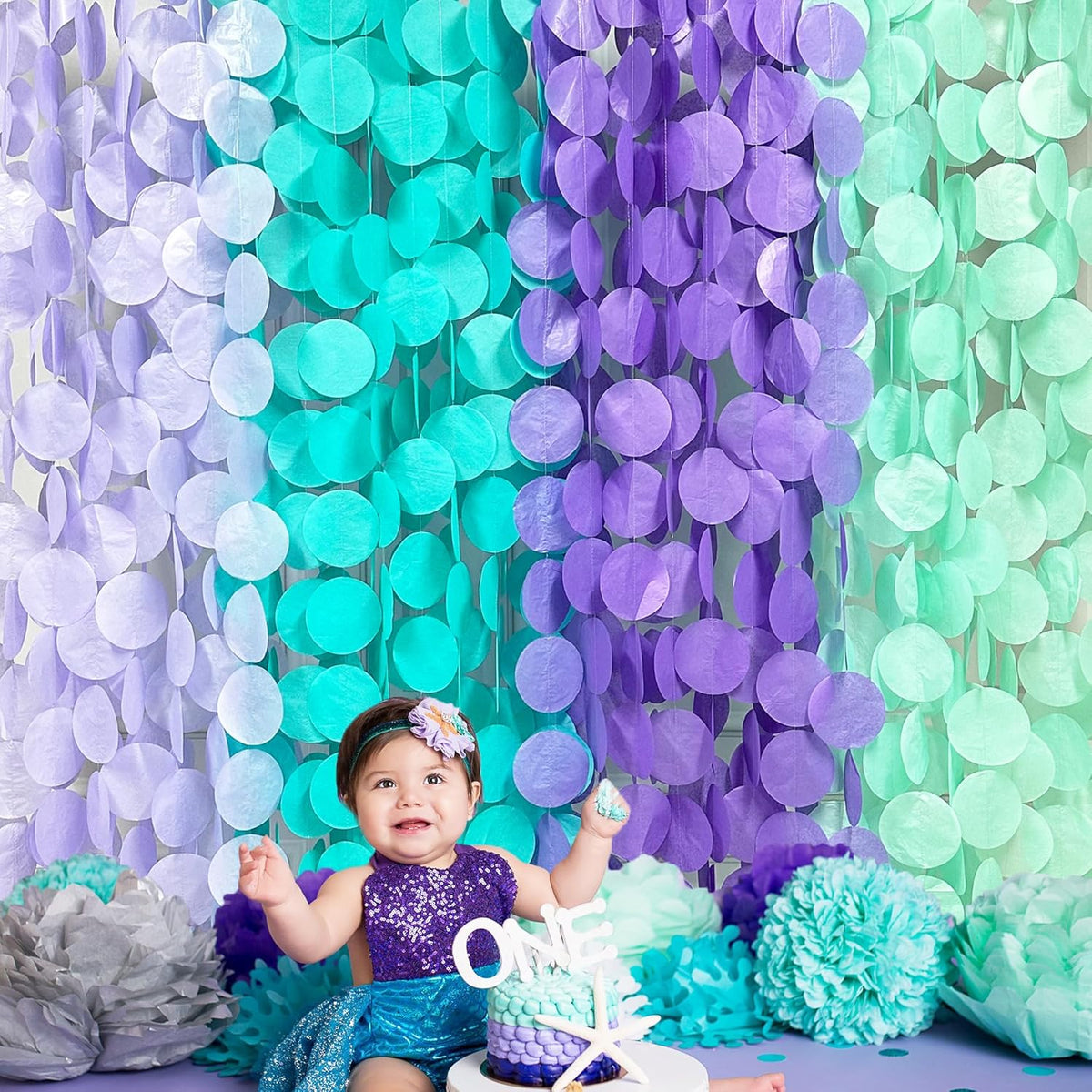 205Ft Purple Teal Big Circle Dot Backdrop Streamer Tissue Paper Polka Dot Hanging Garland for
