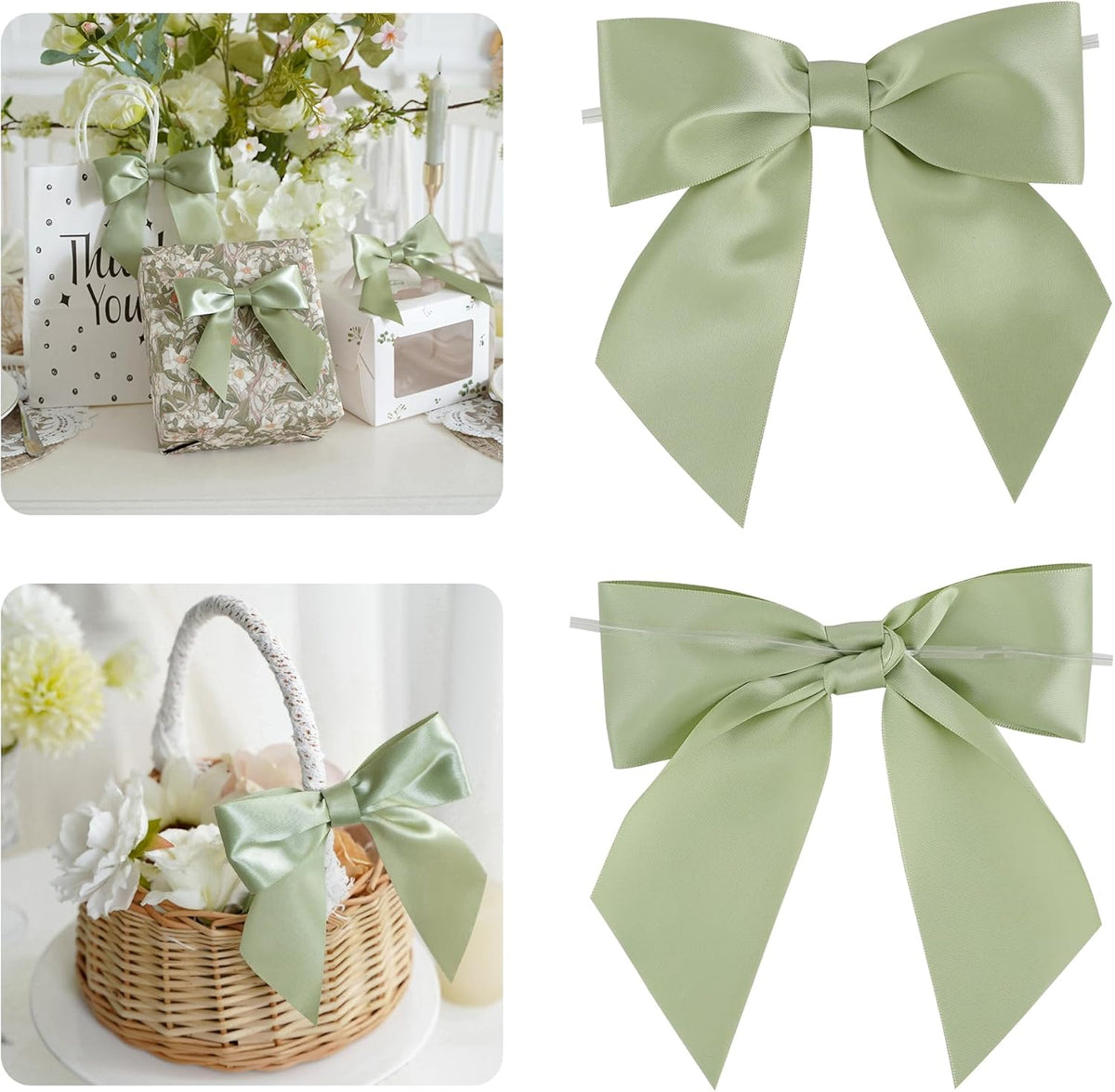 AIMUDI Sage Green Satin Bows 5.5" Bows for Gift Wrapping Satin Twist Tie Bows Premade Ribbon Bows
