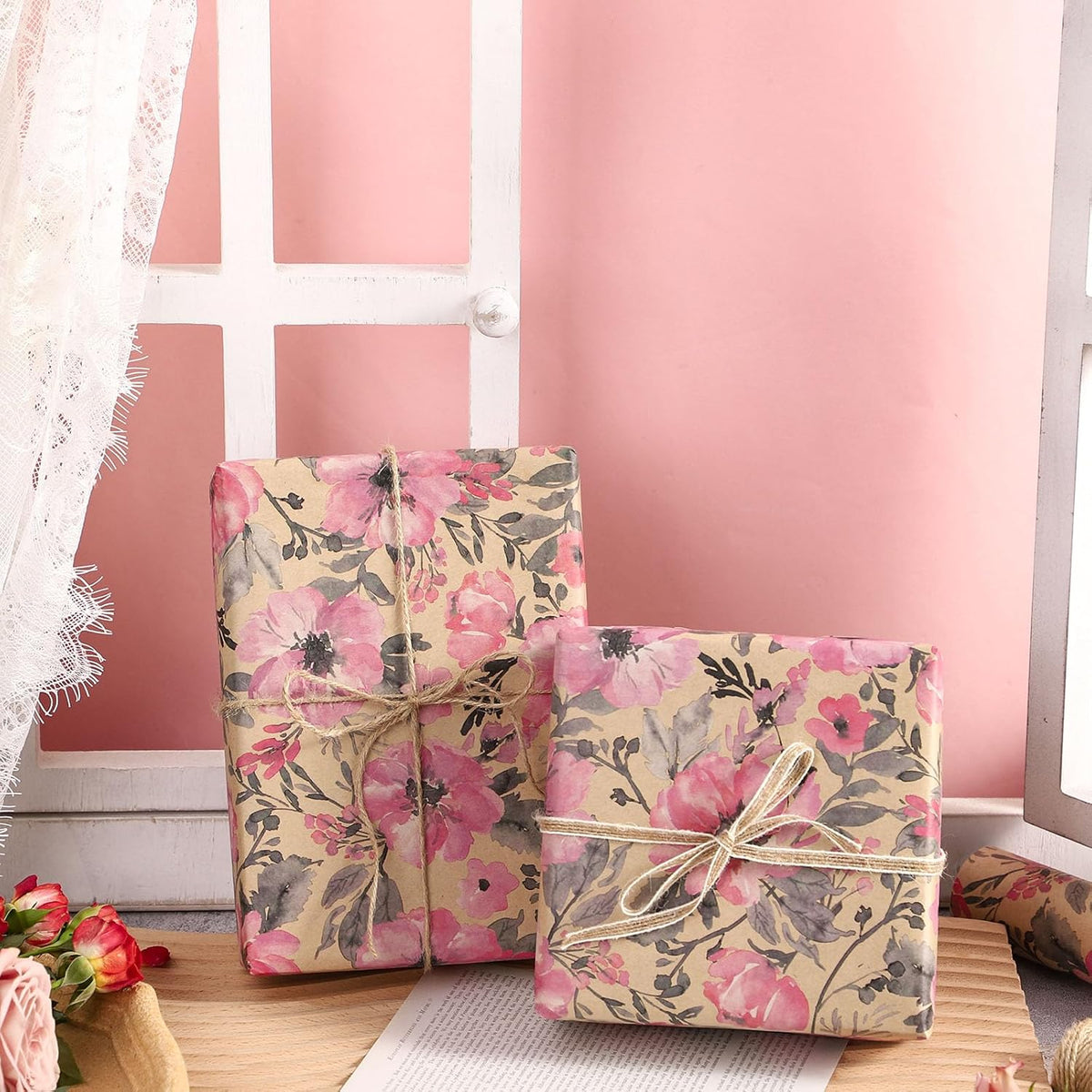 RUSPEPA Pink Wrapping Paper Roll, 17 in x 16.4 ft, Mini Roll, Floral Wrapping Paper, Kraft Gift