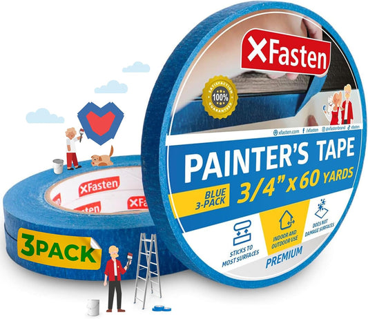 XFasten Professional Blue Painters Tape, Multi-Use, 3/4 Inches x 60 Yards (3-Pack) - Produces Sharp