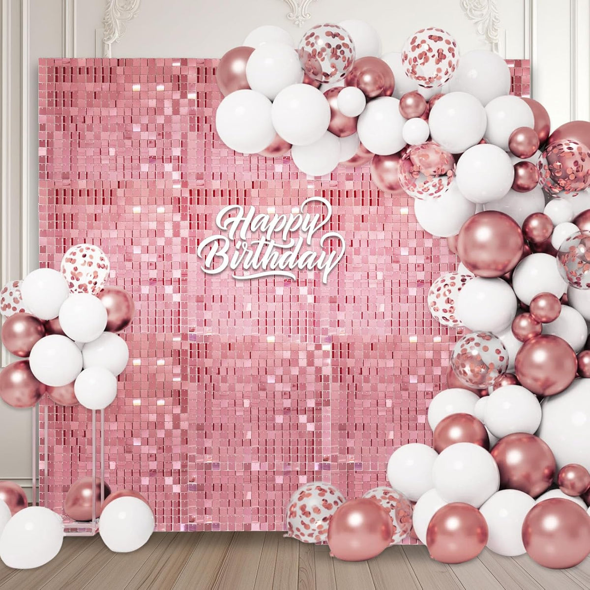 24PCS Rose Gold Shimmer Wall Backdrop, Square Sequin Backdrops Panel, Glitter Wall Background for