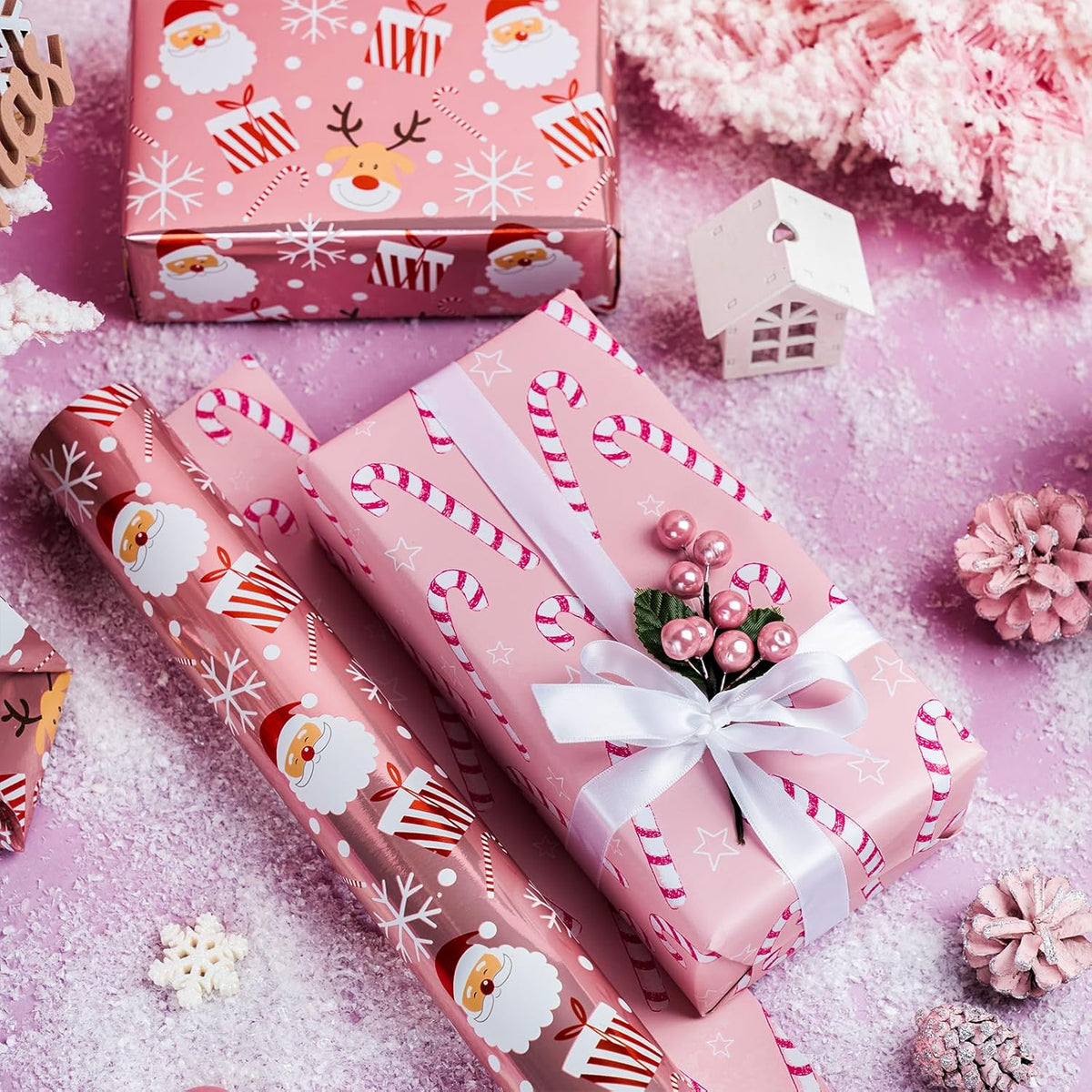 LeZakaa Christmas Pink Wrapping Paper Mini Roll, Santa Claus & Candy Cane, Metallic Foil, Rose Gold