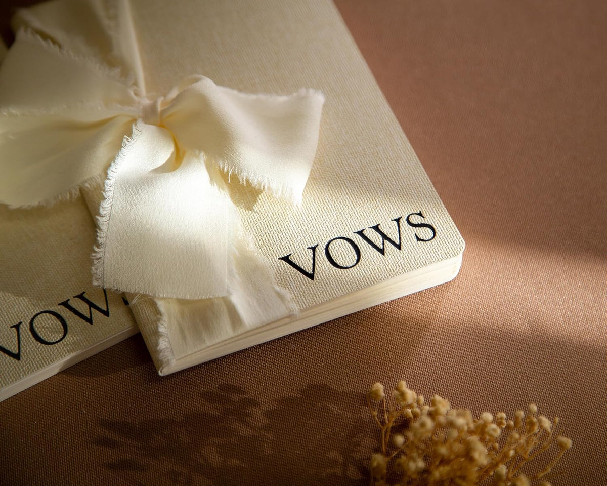 Cream Embossed Slim Vow Books w/Ribbon (Set of 2) - 5.625 x 4 Minimalist Pocket Sized Wedding