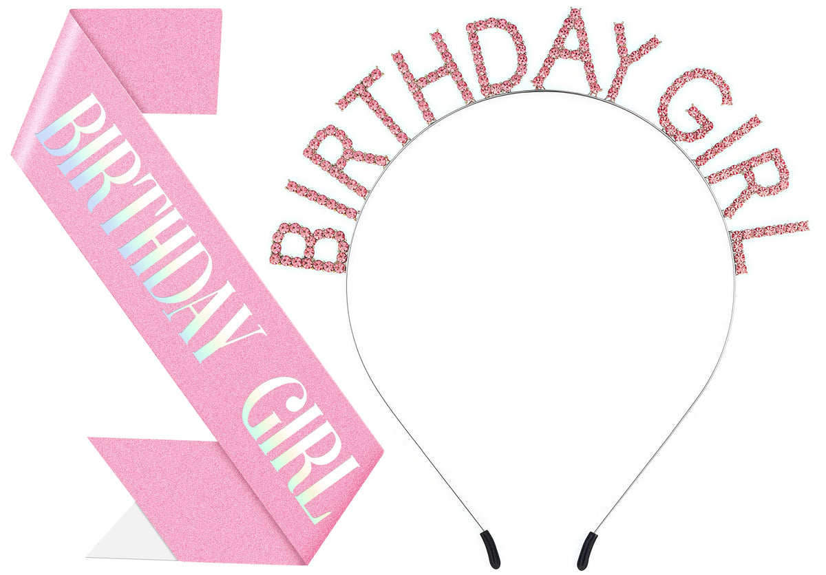 Papoopy Birthday Headband with Sash for Women, Birthday Crown Tiara for Decorations Pink