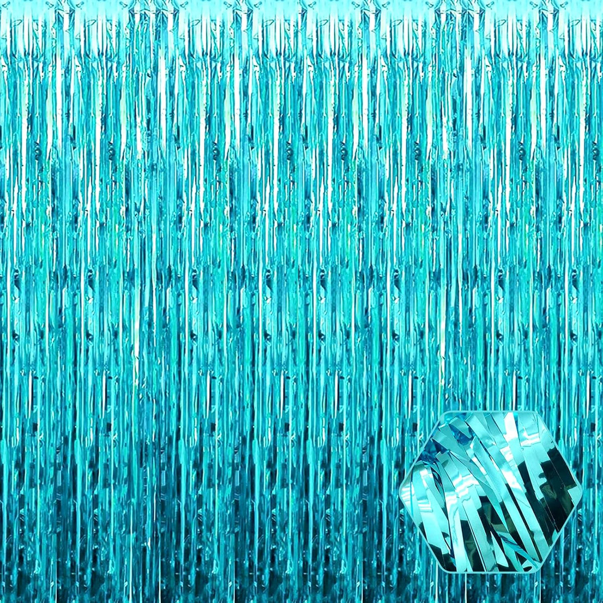 3 Pack Lake Blue Foil Fringe Curtain Backdrop, 3.28Ft x 8.2Ft Metallic Tinsel Foil Fringe Streamer