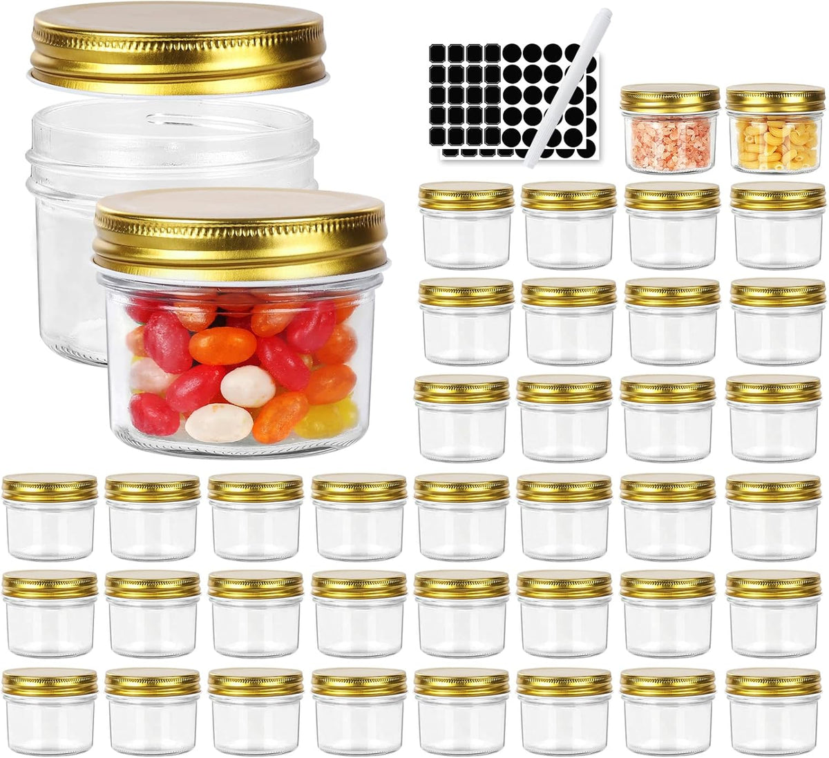 Betrome 4 oz Clear Glass Jars with Metal Golden Lids, Pack of 40, 100ml Round Canning Jars,Ideal