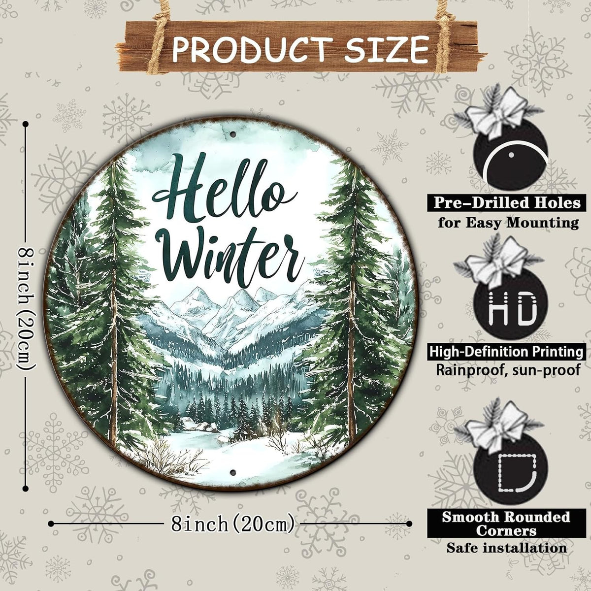 Round Christmas Metal Tin Sign Hello Winter Sign Christmas Pine Trees Welcome Door Sign Xmas Winter