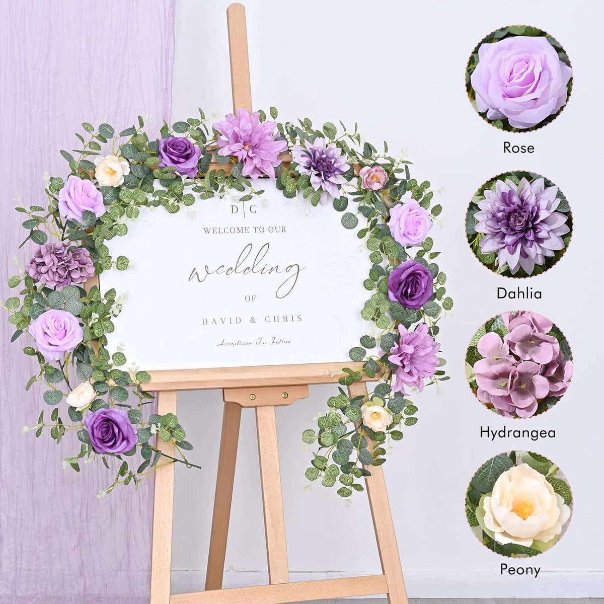 Waipfaru Flower Garland, 6.07Ft Eucalyptus Garland with Flowers, Silk Rose Floral Vines for Wedding