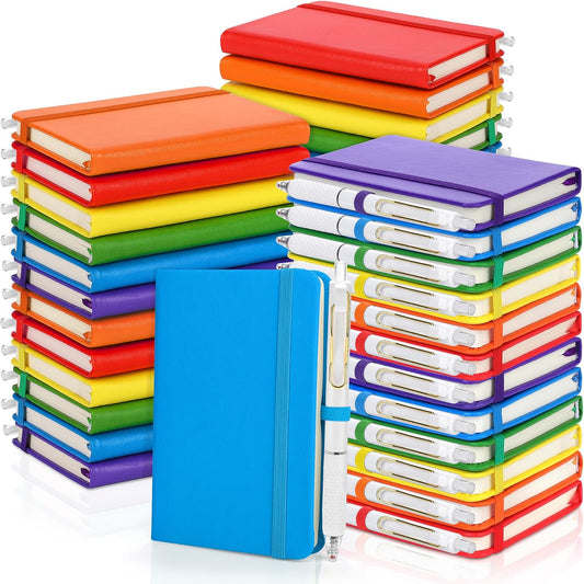 Aneco 50 Sets Pocket Notebook Journals with Pens, A6 Mini Hardcover PU Leather Lined Notebooks 3.5