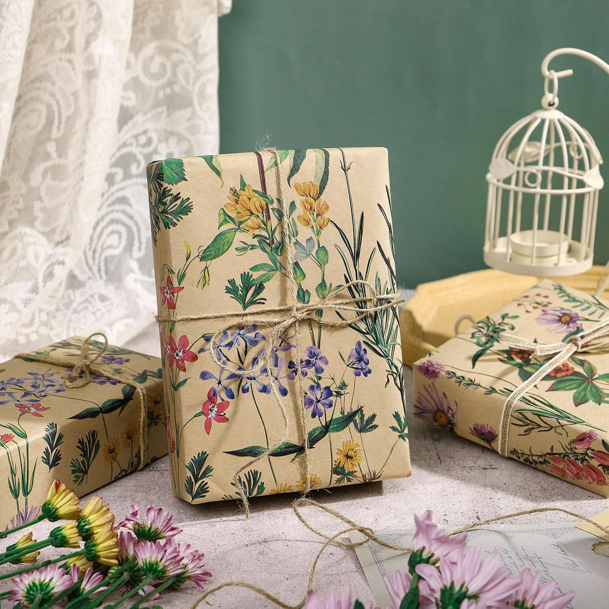 RUSPEPA Wild Flower Wrapping Paper Roll for Women, 17 Inches x 32.8 Feet, Mini Roll, Kraft Floral