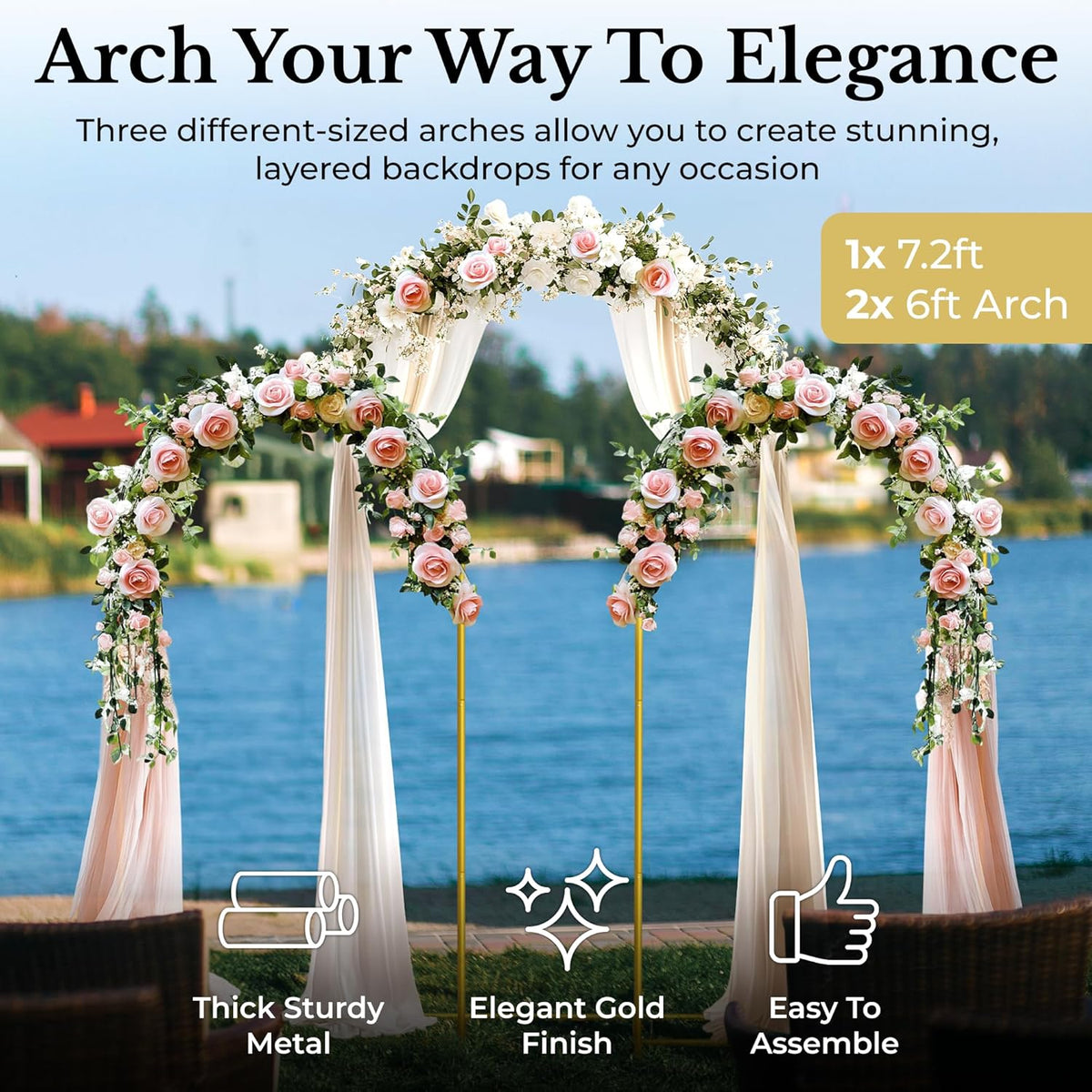 Metal Arch Backdrop Stand and Cover Set – 3 Gold Frames (7.2ft, 6ft x2) with White Wrinkle-Free