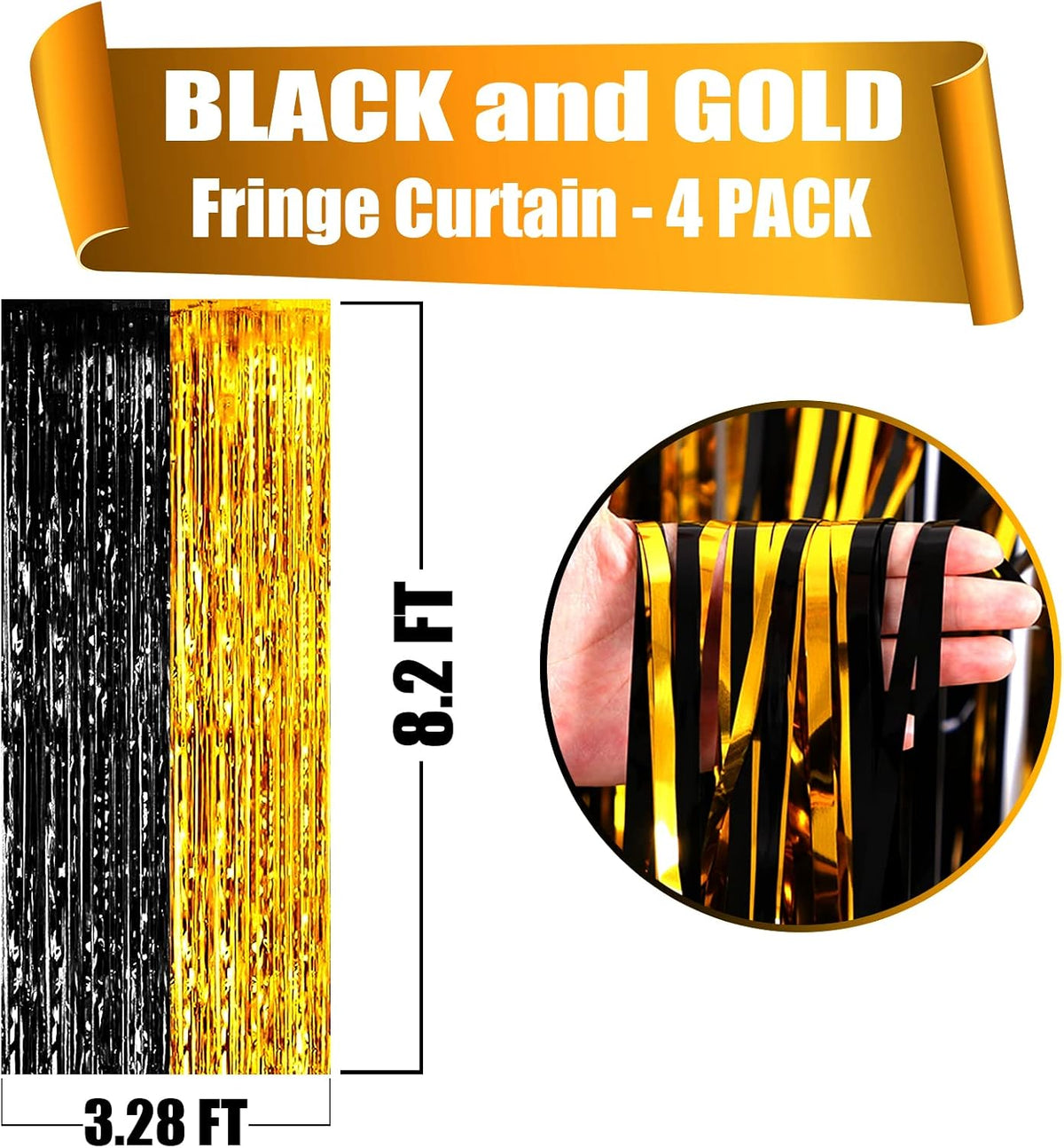 4 Pack Black Gold Foil Fringe Curtain Backdrop, 3.28Ft x 8.2Ft Metallic Tinsel Foil Fringe