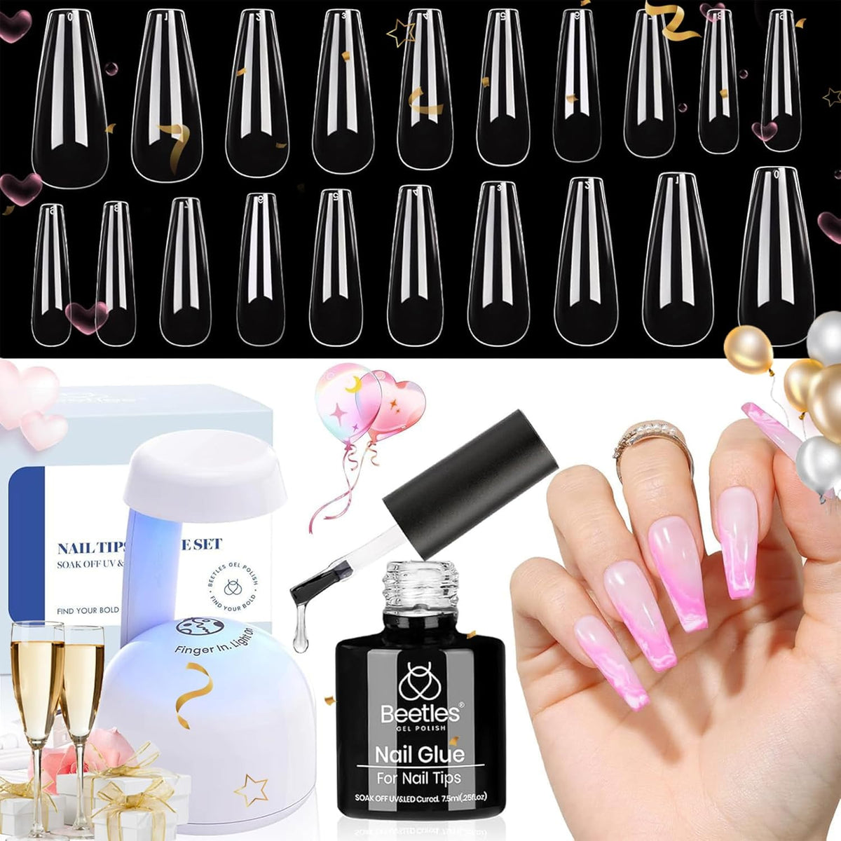 Beetles Gel Nail Kit Easy Nail Extension Set with 500Pcs Nail Tips Coffin Shape 5 In 1 Nail Glue