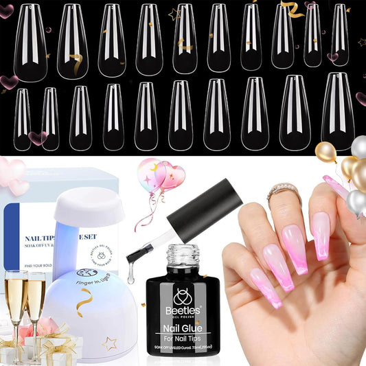 Beetles Gel Nail Kit Easy Nail Extension Set with 500Pcs Nail Tips Coffin Shape 5 In 1 Nail Glue