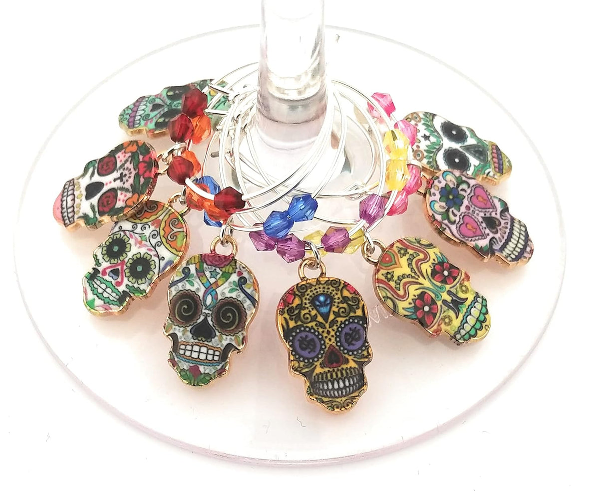 Cinco De Mayo Skull Wine Charms - Day Of The Dead Sugar Skull Glass Identifier Tags - Halloween