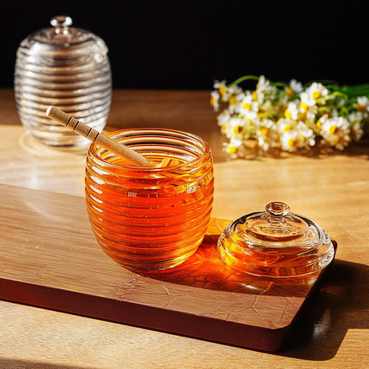 kanpura 9oz Glass Honey Dispenser, Glass Honey Jar with Dipper,Clear Crystal Honey Pot for Home