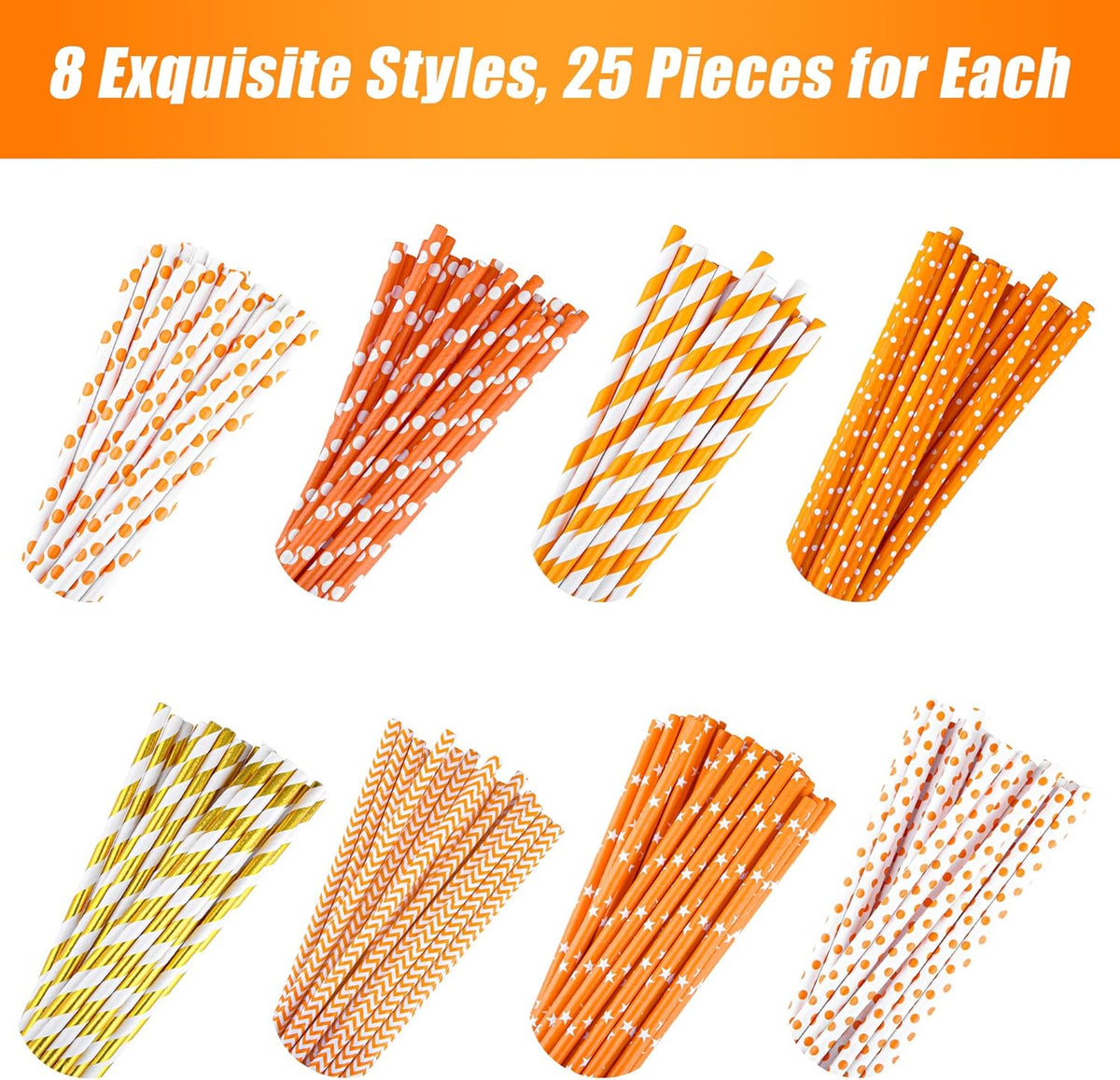Cooraby 200 Pieces Thanksgiving Paper Straws Orange and Gold Assorted Paper Straws Biodegradable