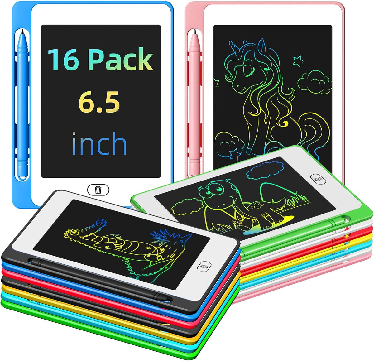 Party Favor 16 Pack LCD Writing Tablet for Kids, 6.5 Inch Colorful Doodle Board, Erasable Reusable