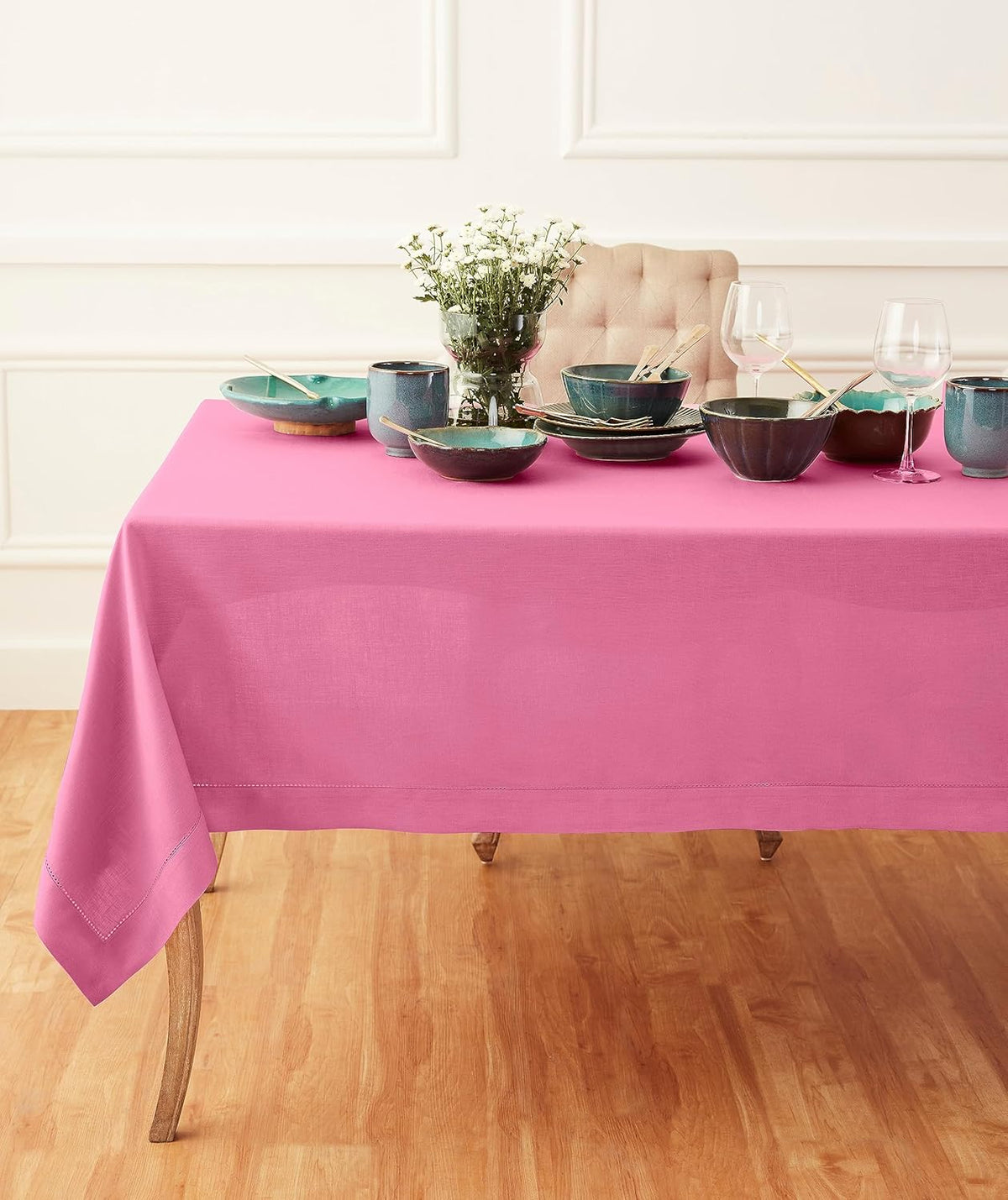 Solino Home Linen Tablecloth for Rectangle Tables 60 x 120 Inch - Classic Hemstitch 100% Pure Linen