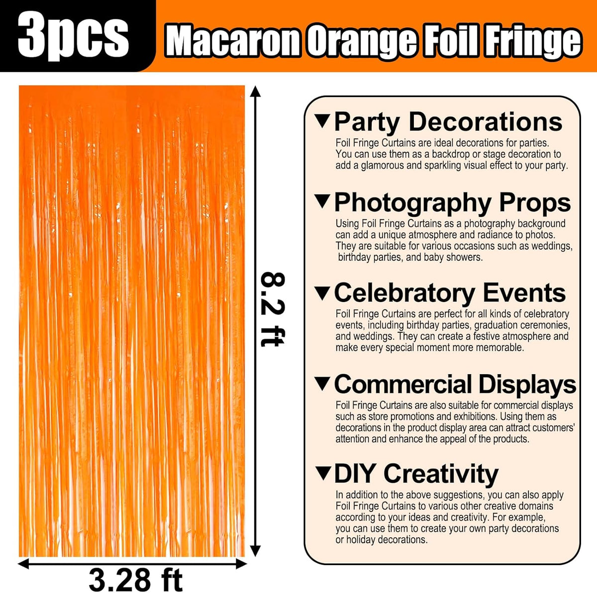 3 Pack Macaron Orange Foil Fringe Curtain Backdrop, 3.28Ft x 8.2Ft Metallic Tinsel Foil Fringe