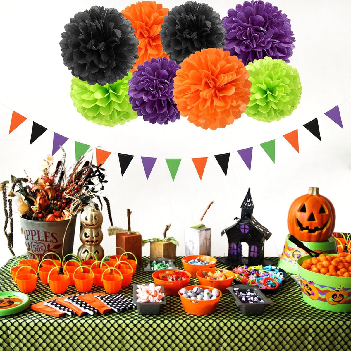 Black-Purple Orange Green Halloween Party-Decorations - 30pcs Tissue Pom Poms Streamers,Tassel
