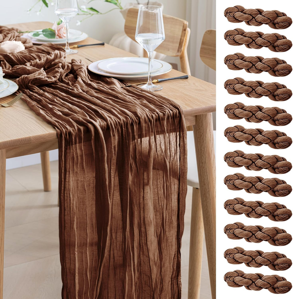 Asee'm 12pcs Cheesecloth Table Runner 120 Inches Long Brown Boho Gauze Cheese Cloth Runner 10FT