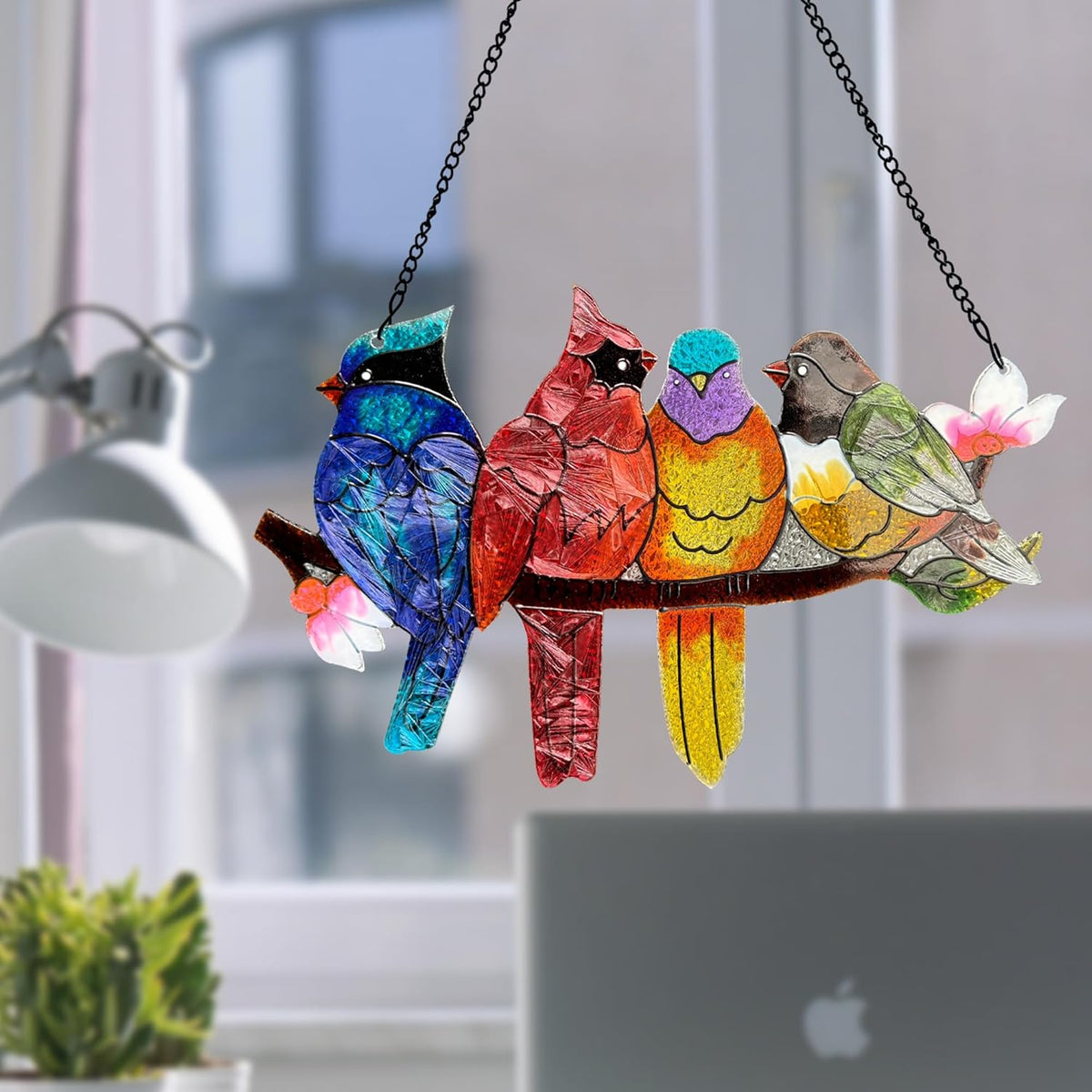Stained Glass Window Hanging - Large Suncatcher Stained Glass Birds on Branch, Sun Catchers for