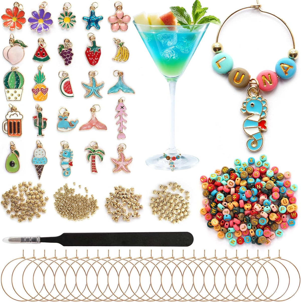 DIY Wine Glass Charms Kit, 25pcs Personalized Reusable Drink Marker Tags, Glass Identifiers for