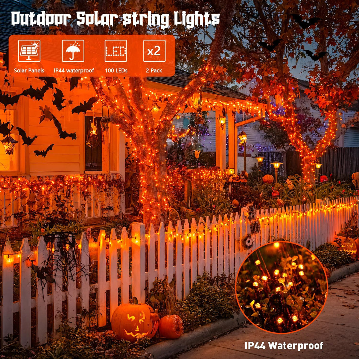JMEXSUSS 2 Pack Orange Halloween Lights: 100 LED 33ft Solar Halloween Lights Outdoor Waterproof - 8