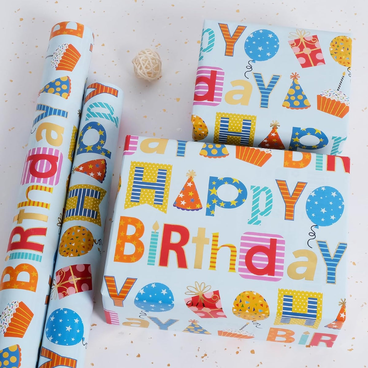 Aimyoo Blue Birthday Wrapping Paper Roll - 17 Inch X 16.4 Feet - Gold Foil Happy Birthday Lettering