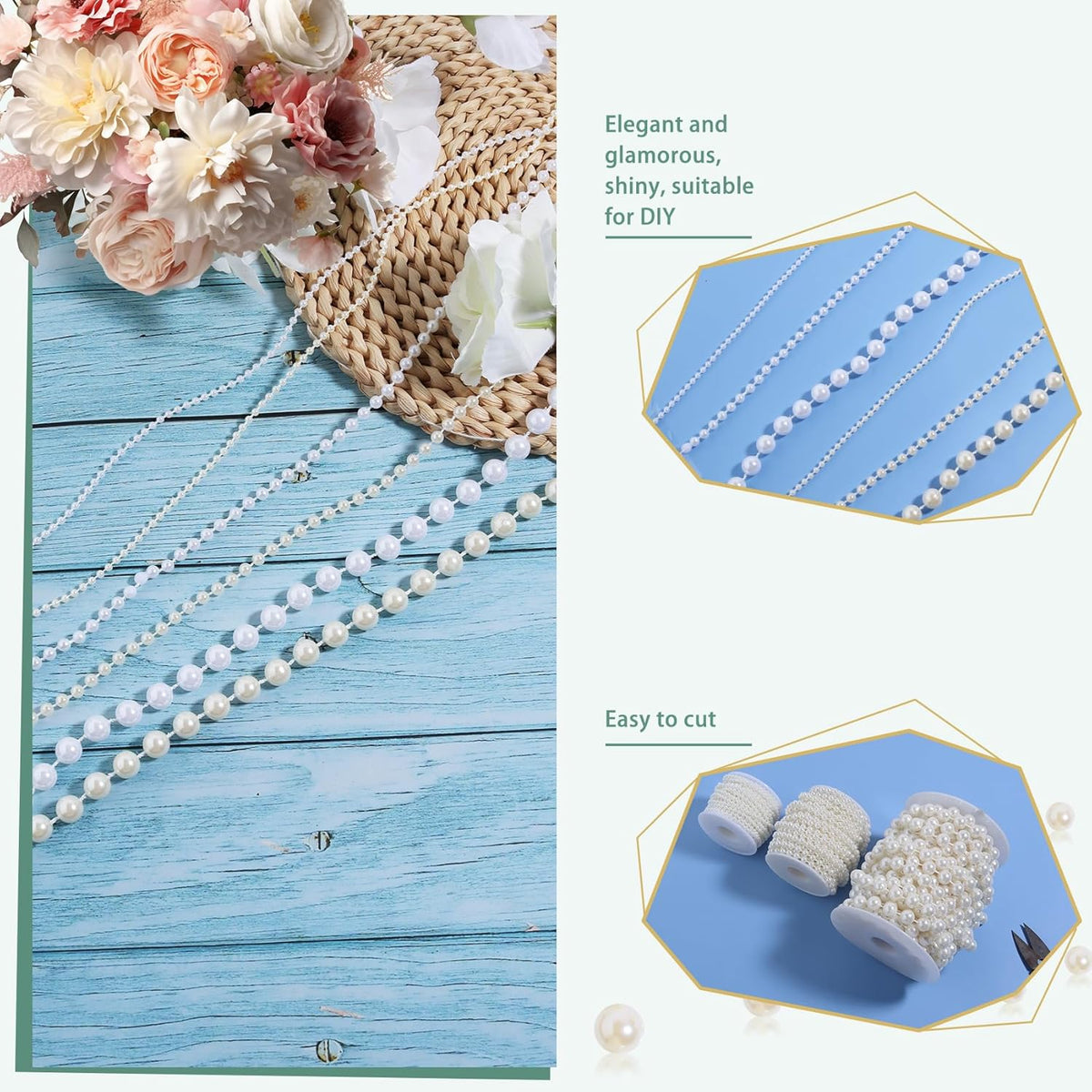 Pearls String Beads 33 Feet Crafts Faux Pearl Roll for Christmas Garland Flowers Wedding Party