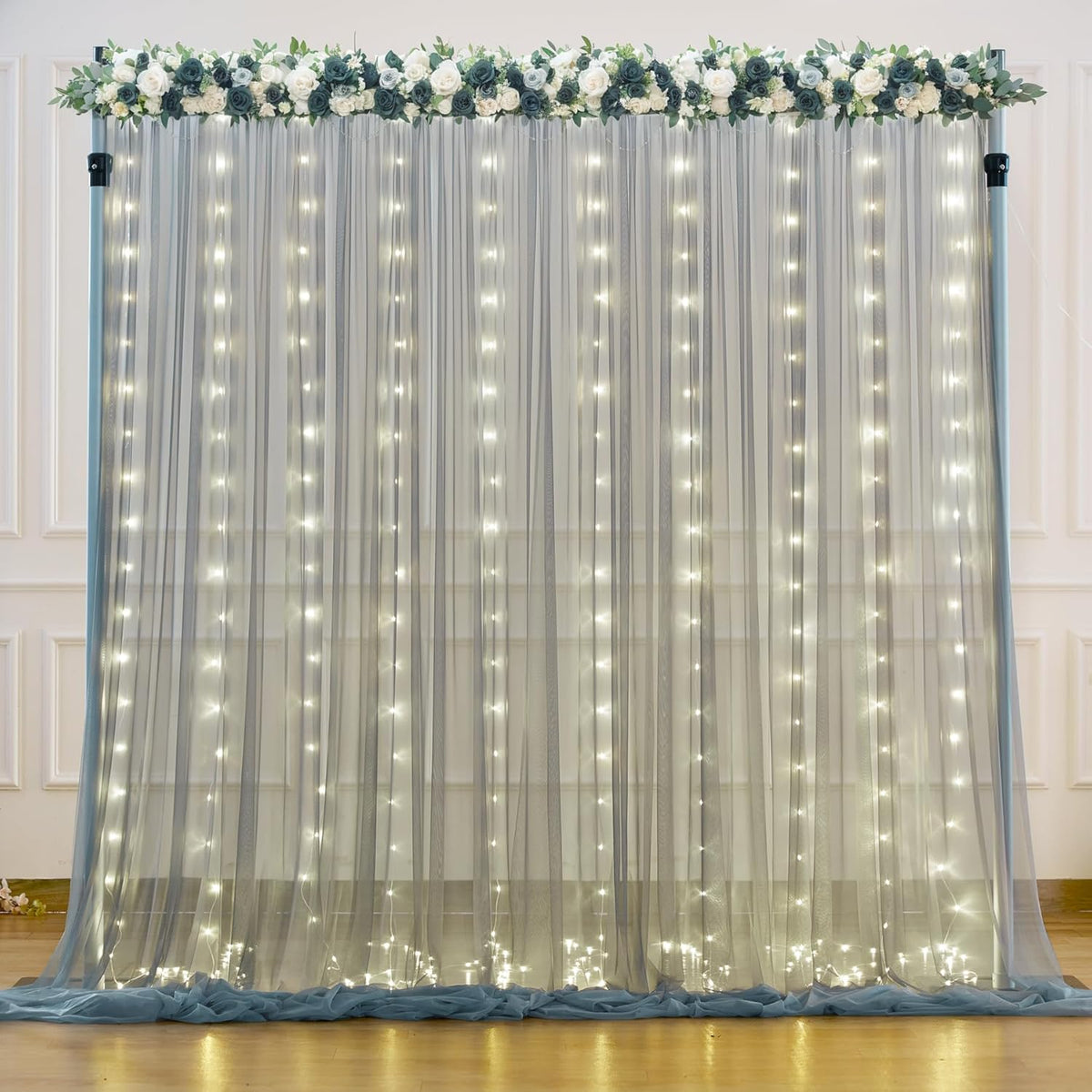 Silver Grey Tulle Backdrop Curtain with Lights String for Parites 10x8ft Sheer Backdrop Curtains