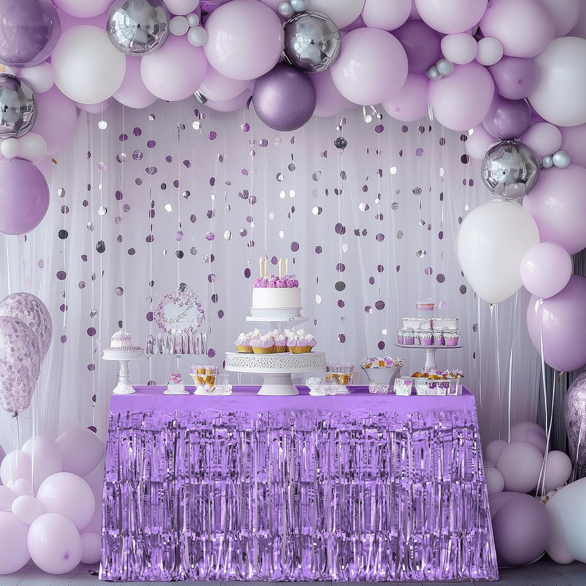 3 Pack Blue Green Purple Table Skirts, 29x108" Metallic Foil Tinsel Fringe Table Skirt for