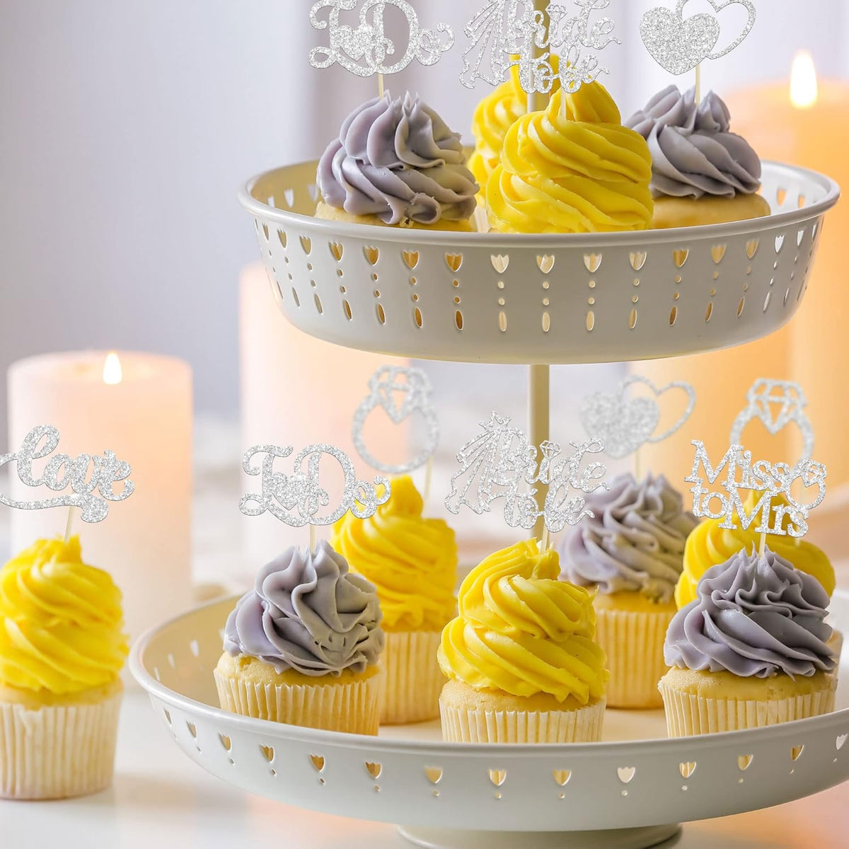 Gyufise 24Pcs Bride to Be Cupcake Toppers Silver Glitter I Do Love Heart Ring Miss To Mrs Cupcake