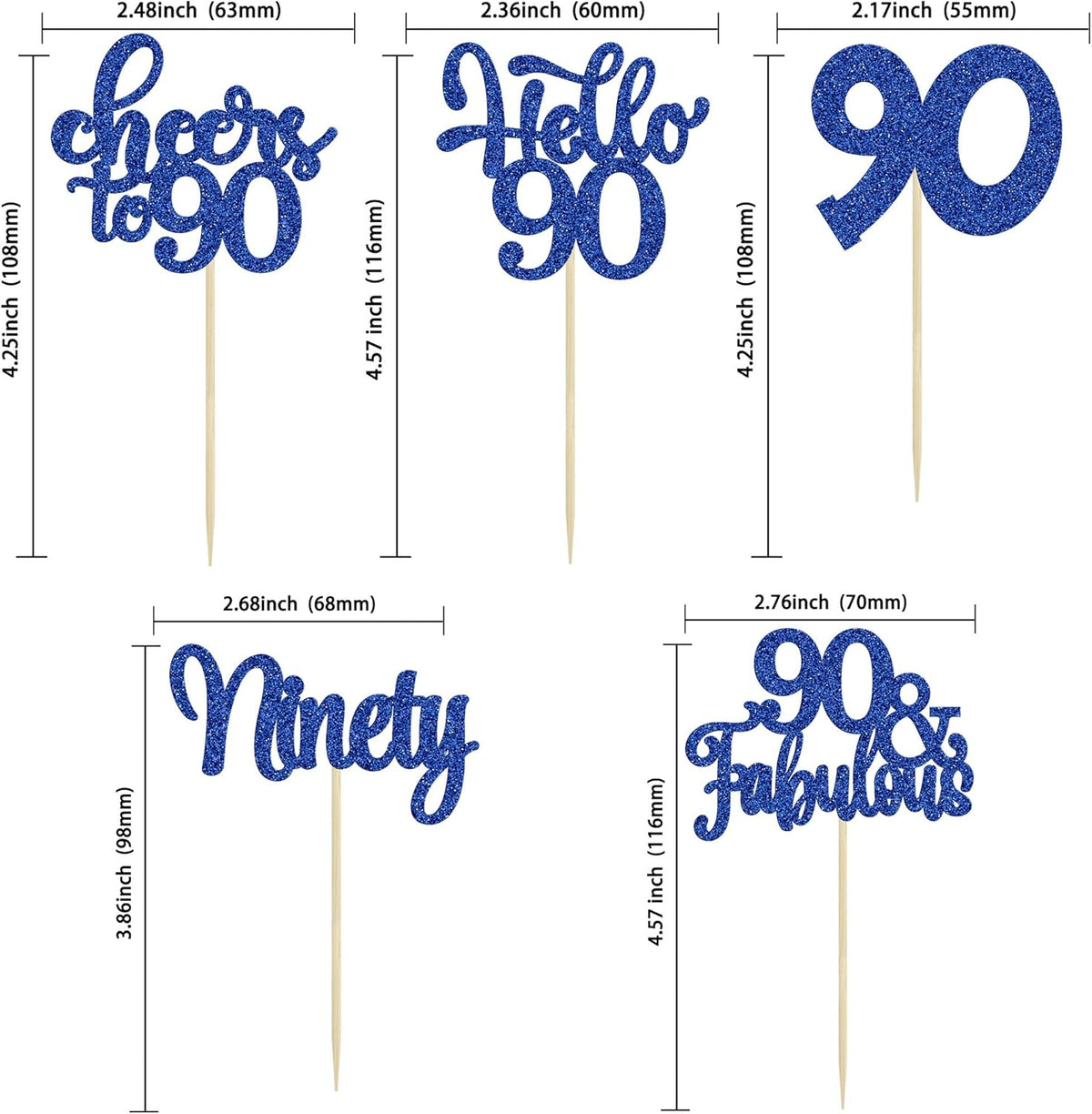 30pcs Happy 90th Birthday Cupcake Toppers - Deep Blue Glitter Ninety Cheers to 90 Years Old Cupcake
