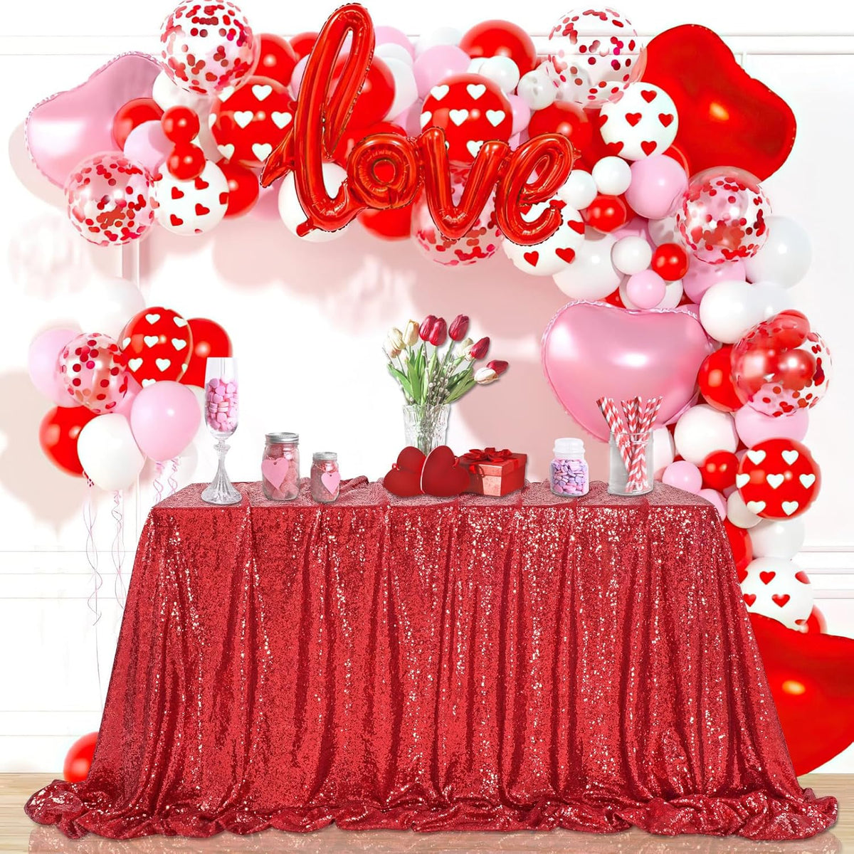 QueenDream Sequin Tablecloth 90"x156" Red Tablecloth Rectangular Party Tablecloth for Christmas