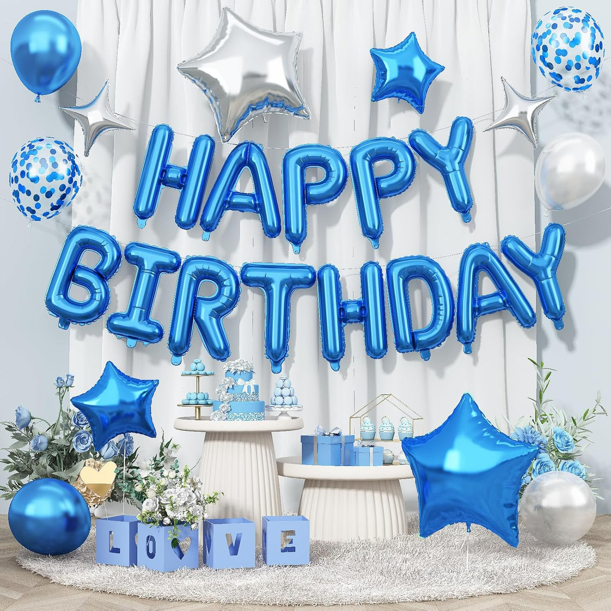 Happy Birthday Balloon Banner Blue Silver, 16 Inch Mylar Foil Letter Balloons, Reusable Birthday