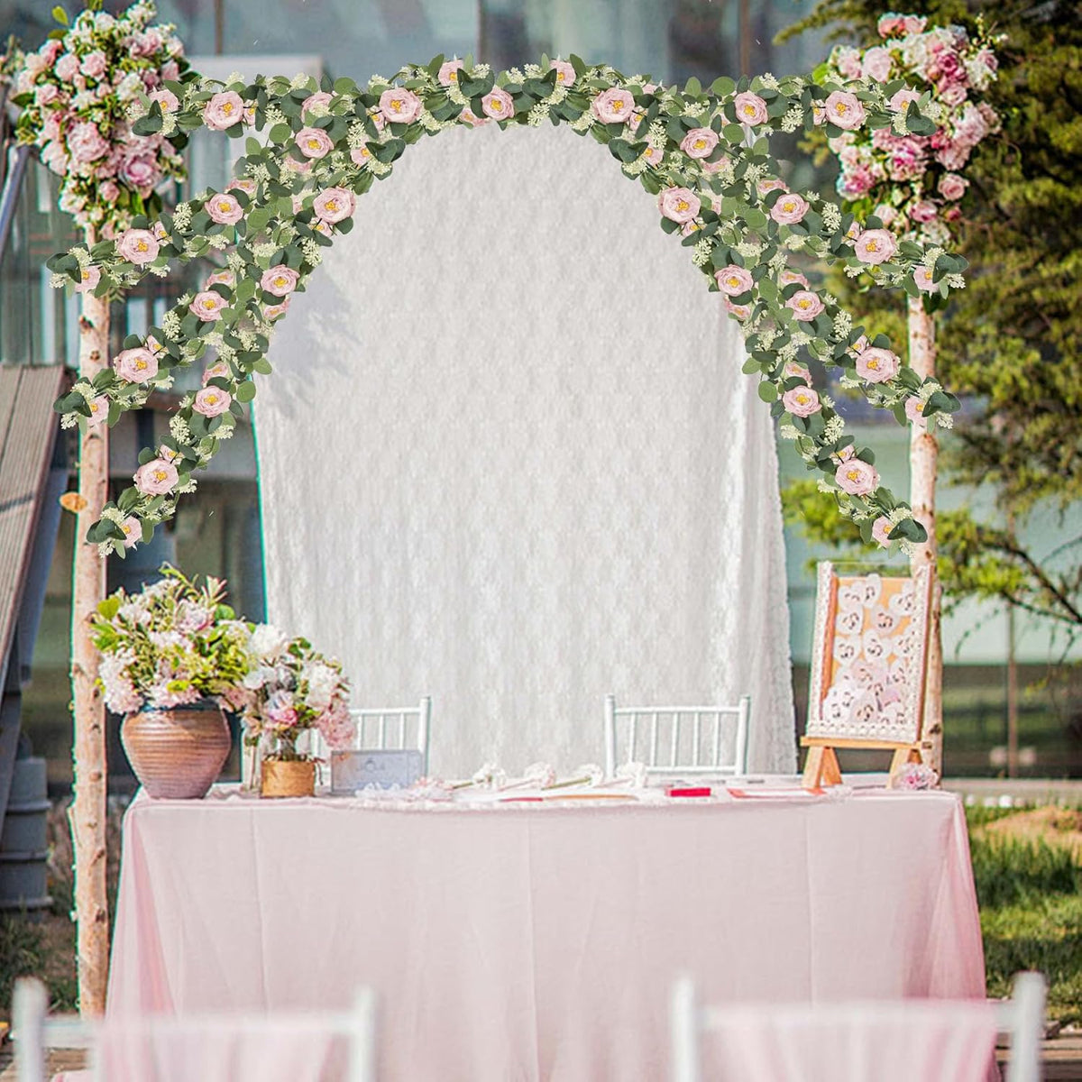 MAKHOT 2 Pcs Pink 6.6Ft Artificial Eucalyptus Flower Garland with Fake Rose Flower Vine Seeded