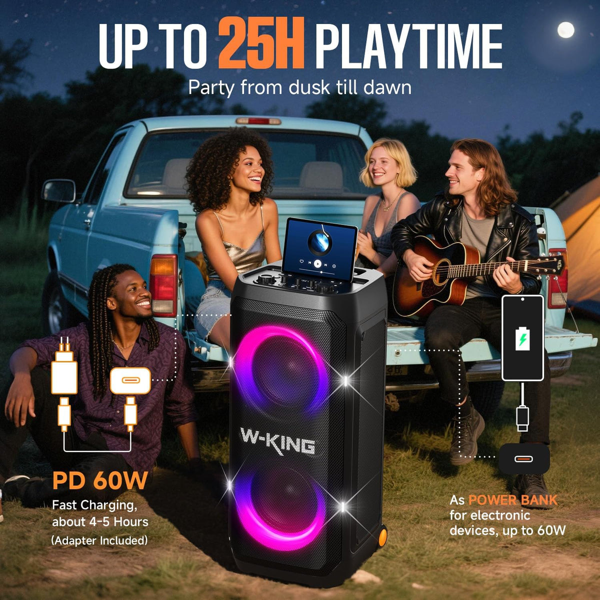 W-KING Portable Speaker Bluetooth Partybox Loud, 370W MAX Pro Sound, Deepest Bass,Large Outdoor