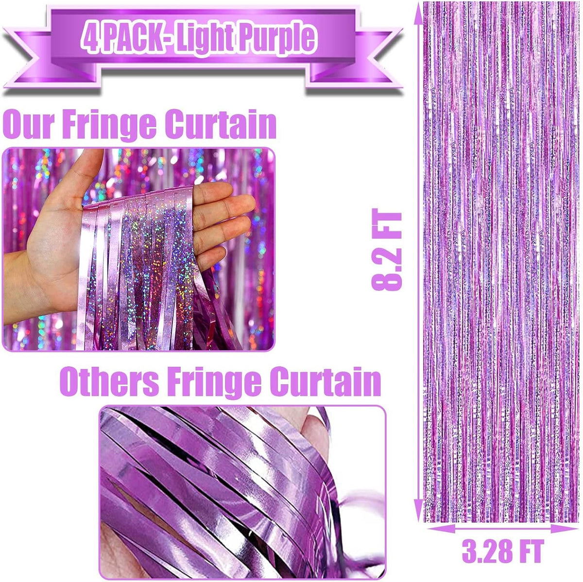 4 Pack Light Purple Tinsel Foil Fringe Curtain Backdrop, 3.28Ft x 8.2Ft Metallic Streamers for