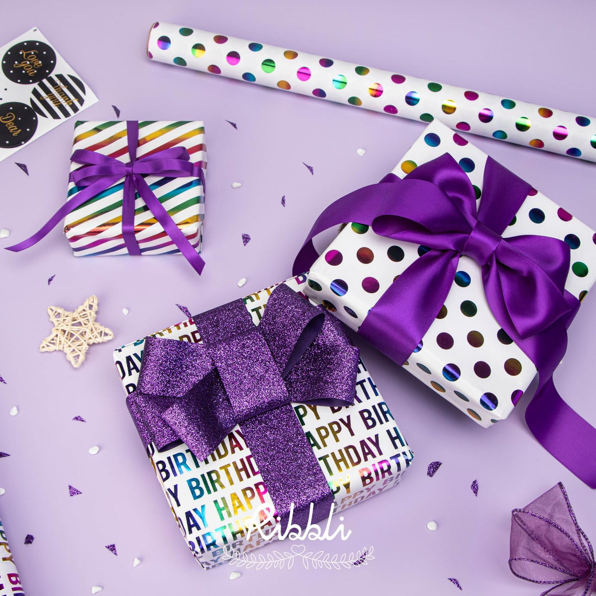 Ribbli Birthday Wrapping Paper 30 Inch Iridescent Gift Wrapping Paper 4 Rolls Happy Birthday Polka