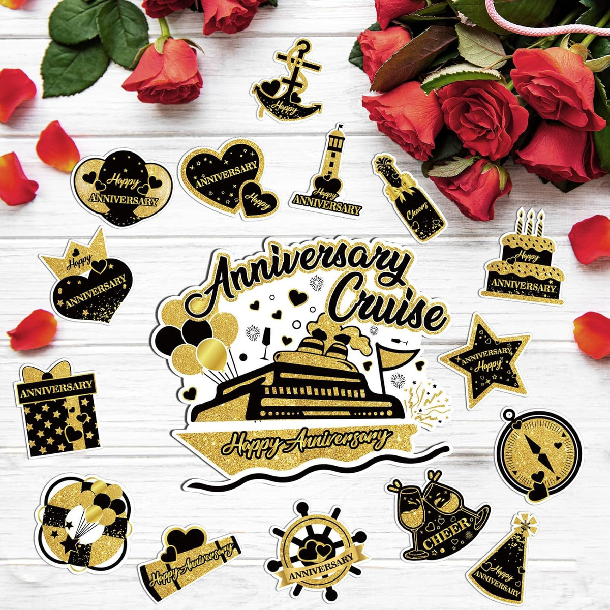 Happy Anniversary Cruise Door Magnets Decorations, Black Gold Happy Anniversary Cruise Ship Door