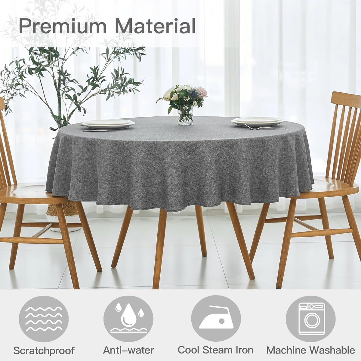 maxmill Round Linen Textured Tablecloth Spill-Proof Stainproof Wrinkle Free Washable Fabric Table