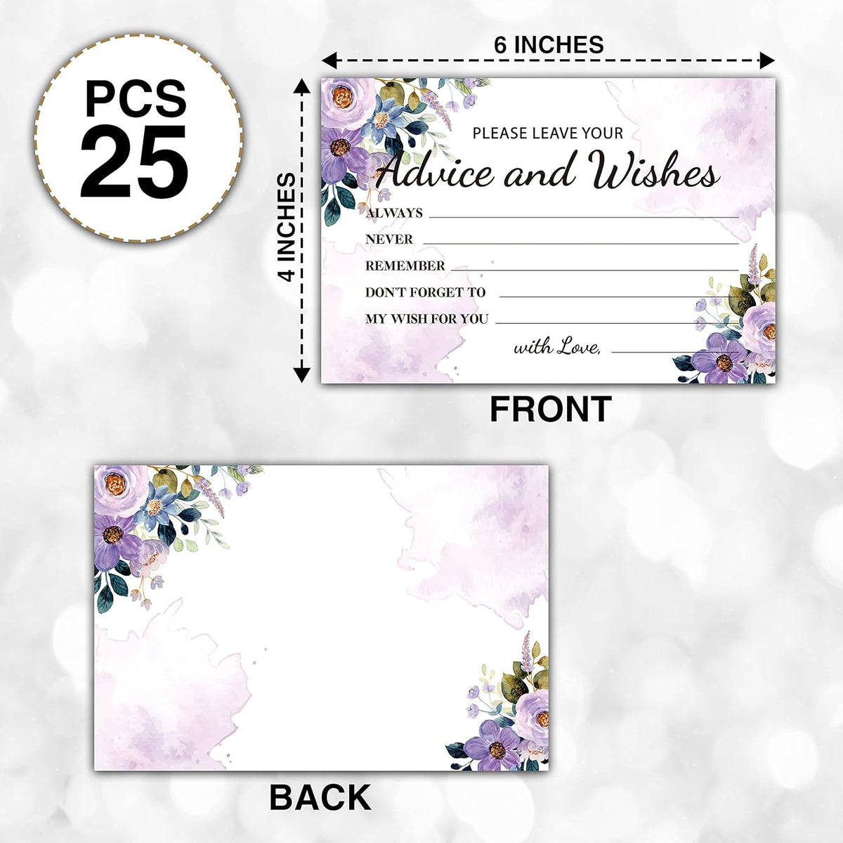 Purple Floral Advice and Wishes Cards, 25 Pcs Watercolor Purple Double Sided Advice Cards for The
