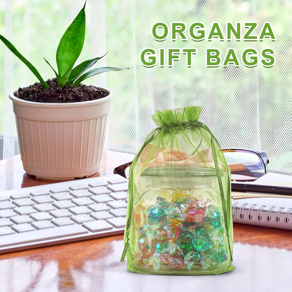 ANZNKU 100 Pack Green Organza Bags 6x9 inches Mesh Bags Drawstring, Sheer Organza Gift Pouches for