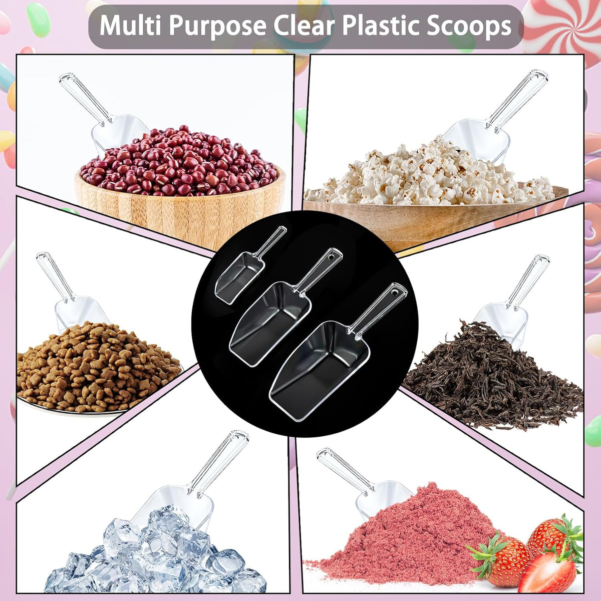 3 in 1 Clear Plastic Ice Scoop Set, Small Acrylic Serving Scoops for Candy Buffet, Canisters, Dry