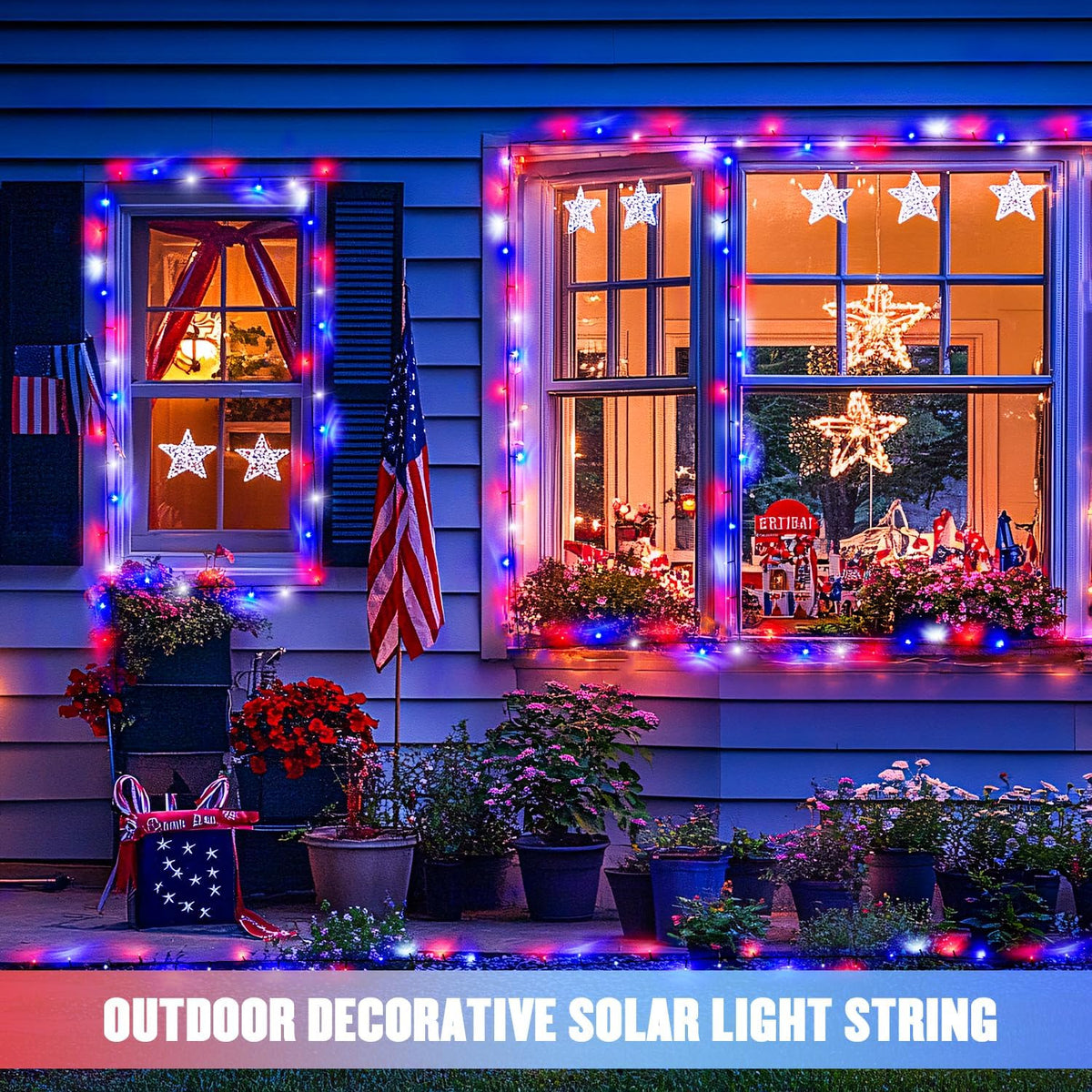 JMEXSUSS 2 Pack Red White and Blue Solar Lights 100LED 33ft Patriot Solar String Lights Waterproof