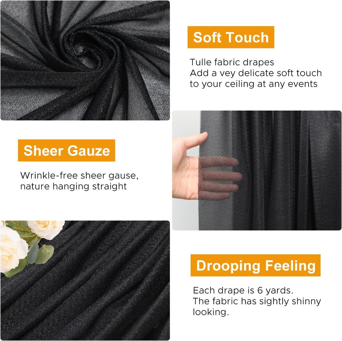 Wedding Arch Draping Fabric 6 Panels 28.7" x 20FT Black Sheer Chiffon Backdrop Drapes for Wedding