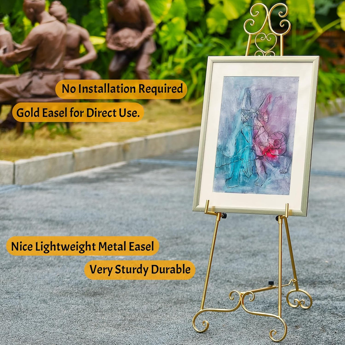 Metal Large Free Standing Adjustable Display Stand Scroll Easel with Chain Support, Gold Easel