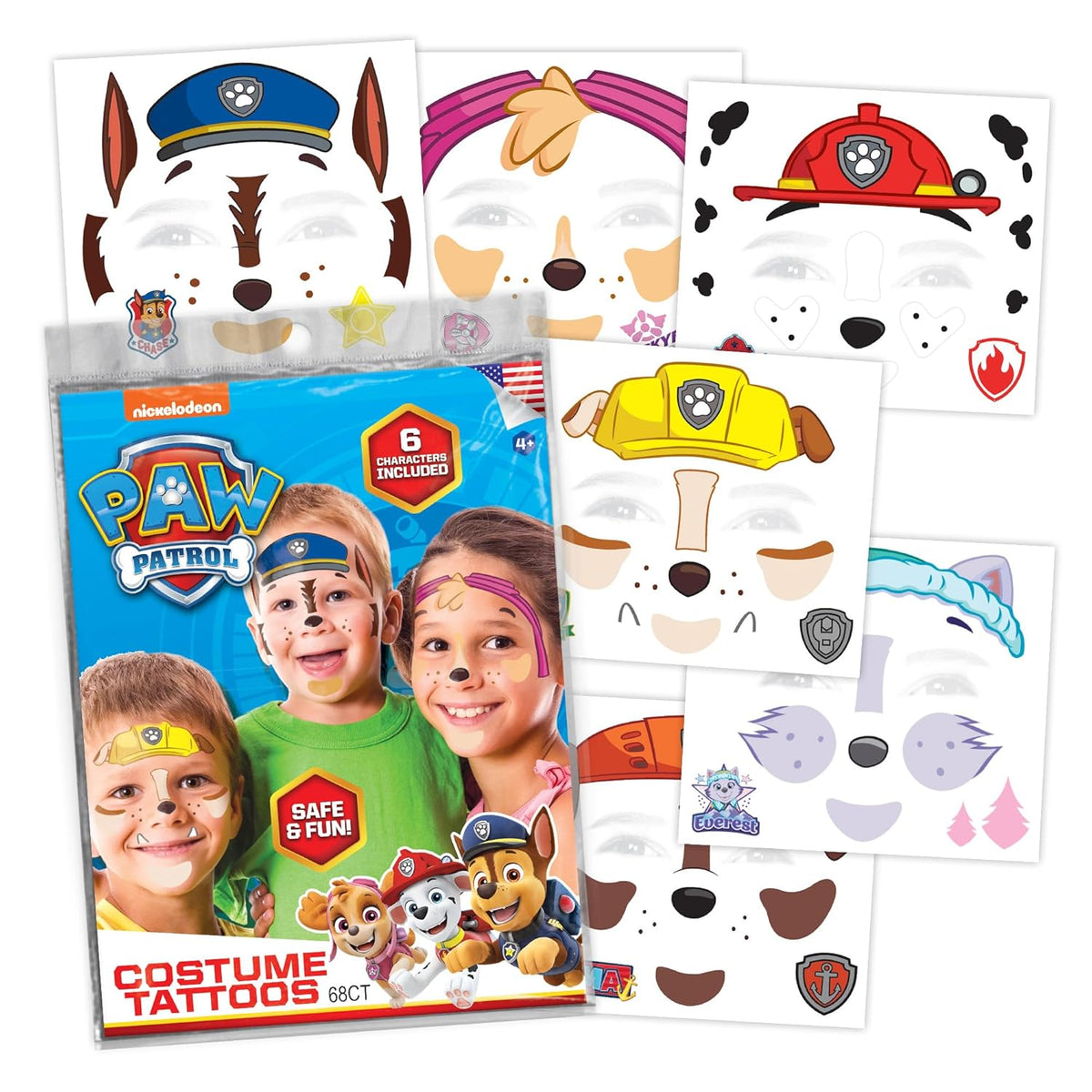 Paw Patrol Costume Face Tattoos – Temporary Tattoo Set for Kids Featuring Chase, Marshall, Skye &
